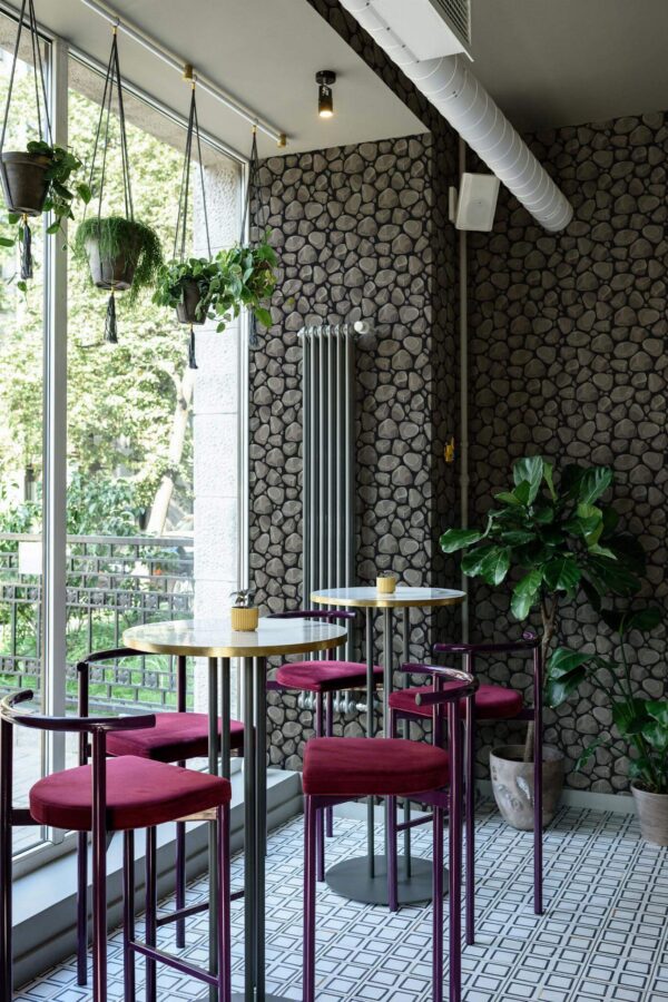 Modern style bar room decorated with Gray Stone peel and stick wallpaper