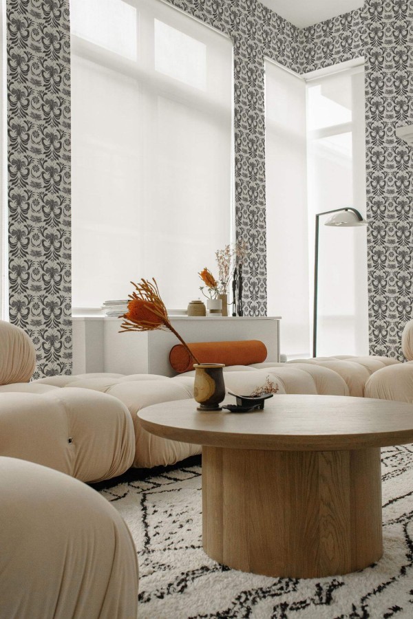 Contemporary style living room decorated with Gray vintage damask peel and stick wallpaper