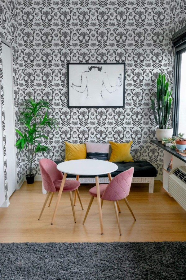 Eclectic style living room decorated with Gray vintage damask peel and stick wallpaper