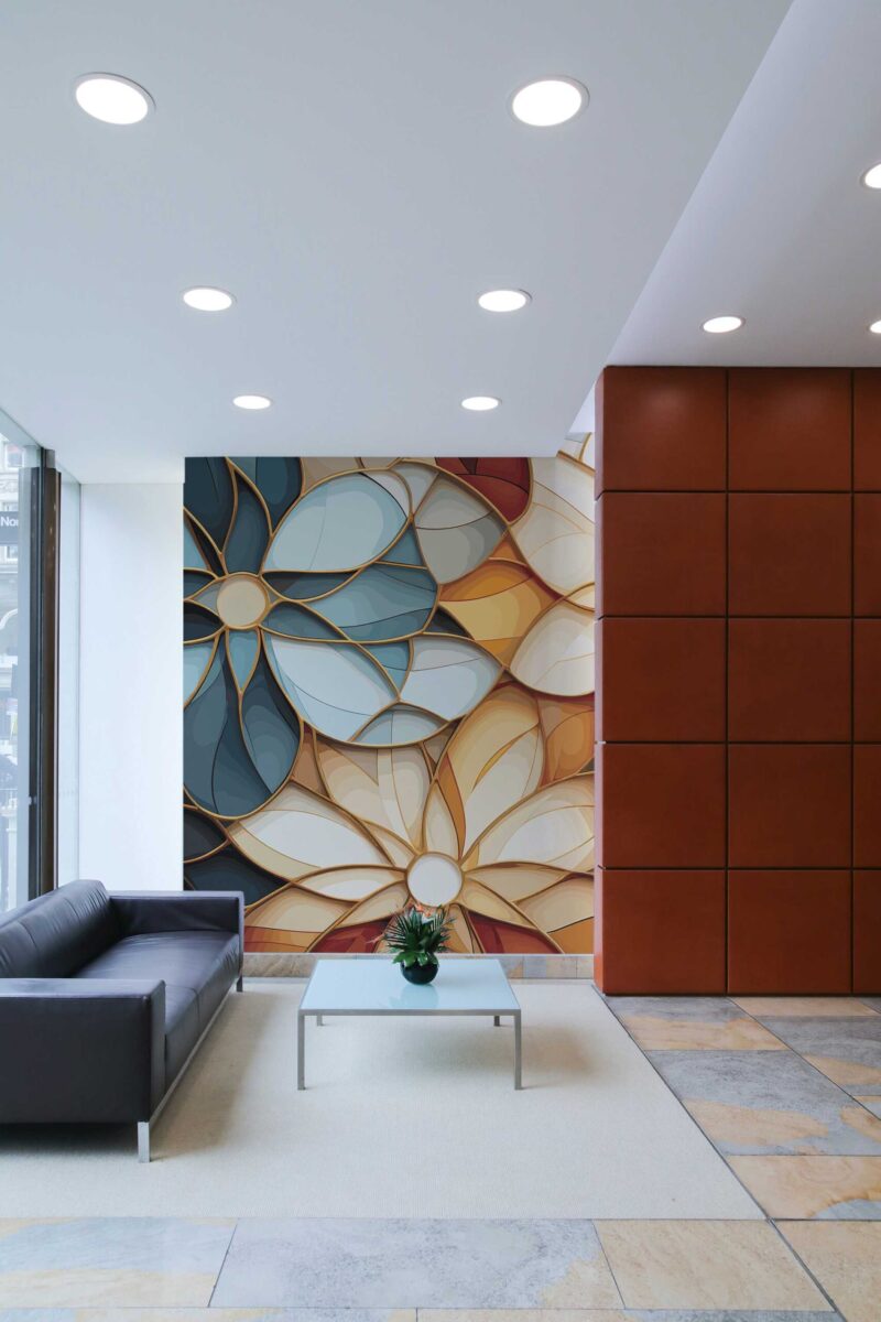 3D Imitation Floral Glass Wall Mural with bold beige and blue stained-glass style florals, ideal for elegant living rooms and artistic accent walls.