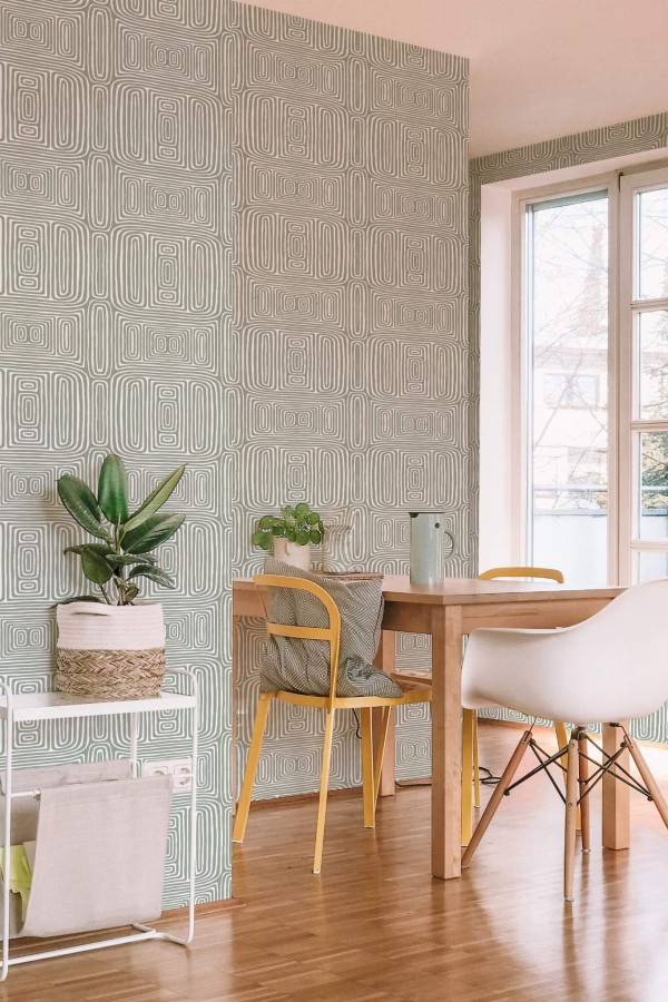 Minimal scandinavian style dining room decorated with Green abstract line peel and stick wallpaper