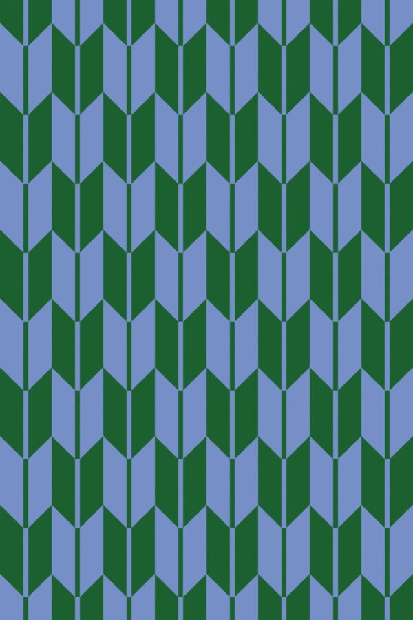 A close-up of the Herringbone Flow wallpaper shows detailed chevron-shaped columns in green and blue, forming an optical rhythm that suits vibrant cafes or accent walls. The retro-inspired geometry is ideal for eclectic interiors. Fancy Walls peel and stick or non-pasted wallpaper using GreenGuard certified inks.