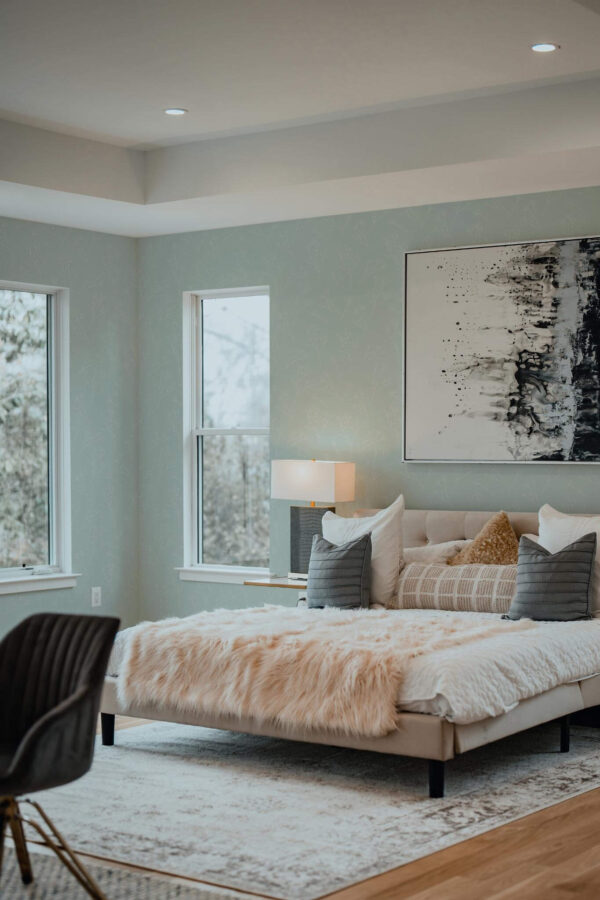 Luxury modern style bedroom decorated with Green branch peel and stick wallpaper
