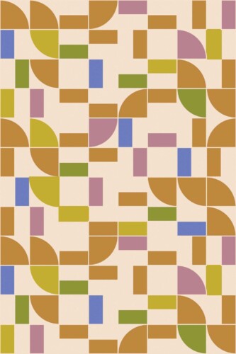 Groovy Geometric wallpaper in close-up view showing mid-century inspired tile shapes in green, mustard, lilac, blue, and beige. Ideal for colorful bakery walls or retro café interiors with a playful vibe.