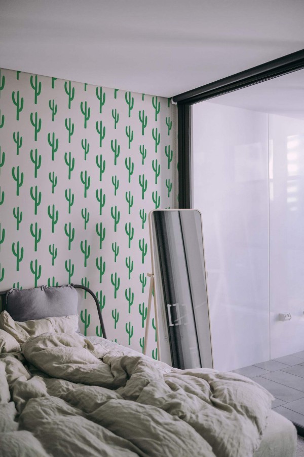 Minimal style bedroom decorated with Green cactus plant peel and stick wallpaper