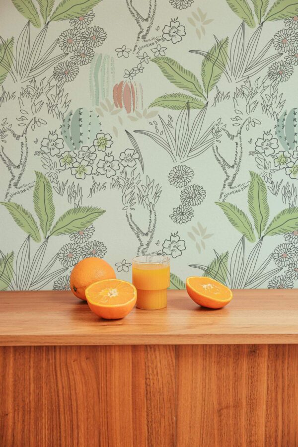 Mid-century style living room decorated with Green cactus peel and stick wallpaper