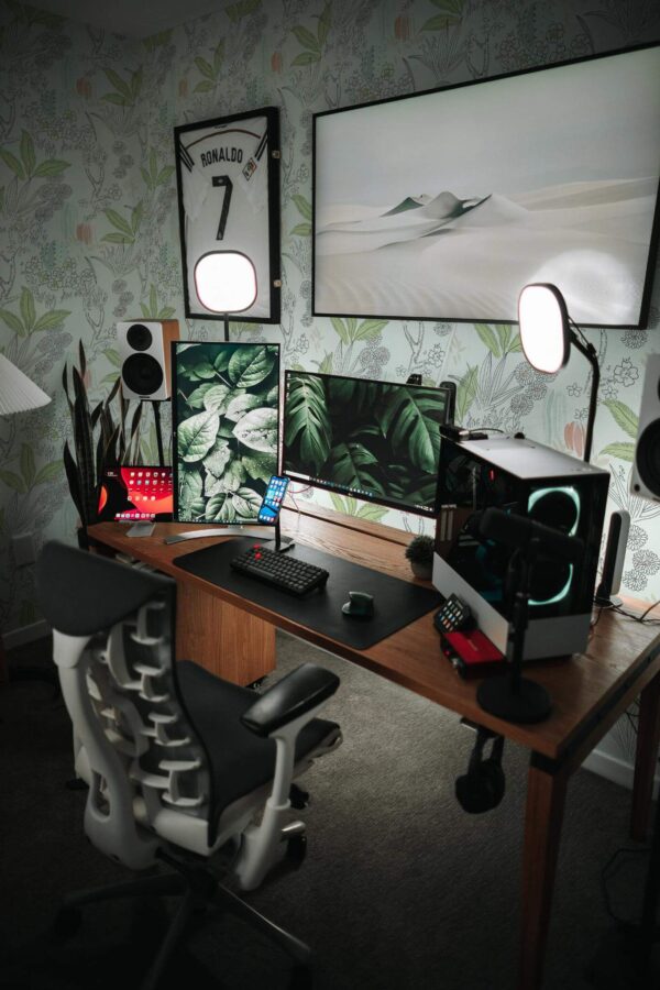 Modern eclectic style gaming room decorated with Green cactus peel and stick wallpaper