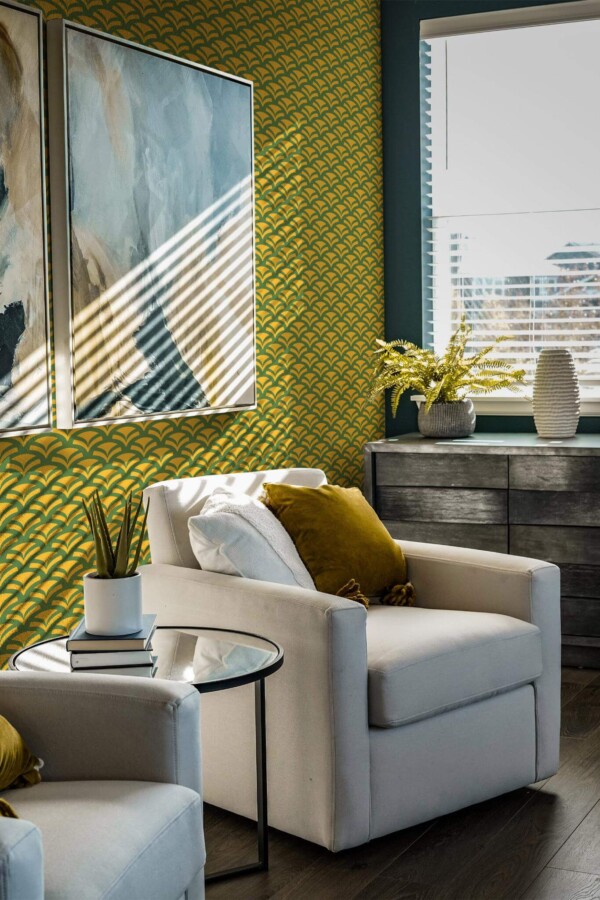 Shabby chic style living room decorated with Green china pattern peel and stick wallpaper
