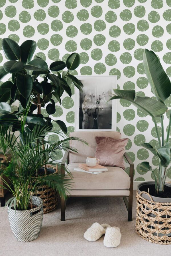 Modern boho style living room decorated with Green circle peel and stick wallpaper