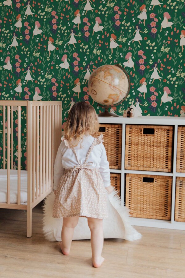 Woodland fairy green self-adhesive wallpaper by Fancy Walls