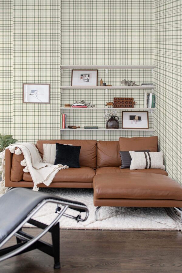 Mid-century modern style dining room decorated with Green farmhouse tartan peel and stick wallpaper