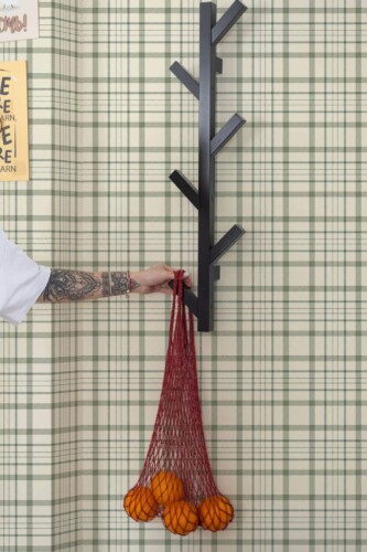 Scandinavian style kitchen decorated with Green farmhouse tartan peel and stick wallpaper