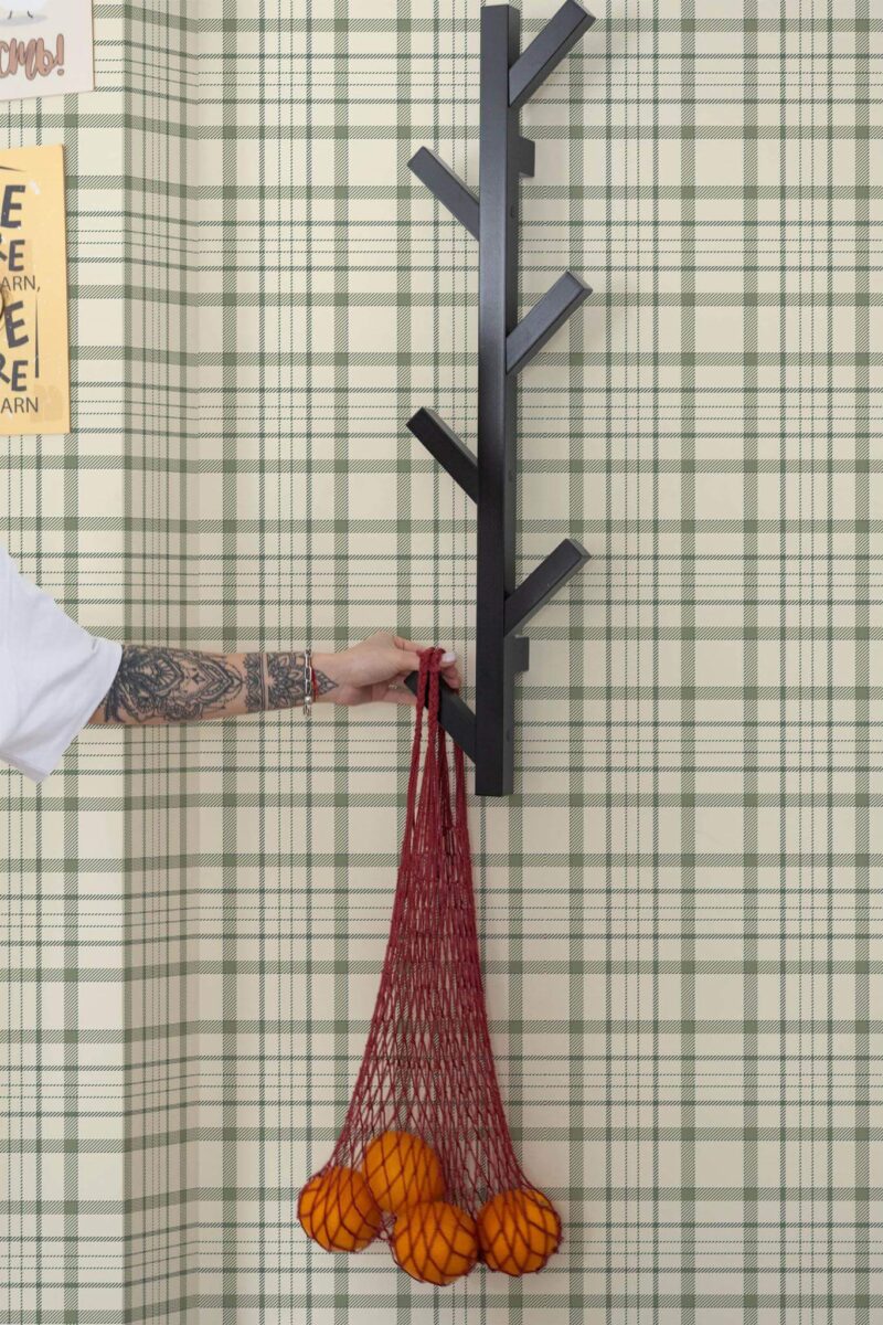 Scandinavian style kitchen decorated with Green farmhouse tartan peel and stick wallpaper