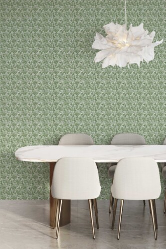 Fancy Walls self-adhesive wallpaper in green floral pattern for dining room walls. Seamless Biophilic wallpaper peel and stick or non-pasted