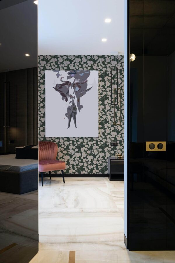 Art deco style bedroom decorated with Green floral peel and stick wallpaper