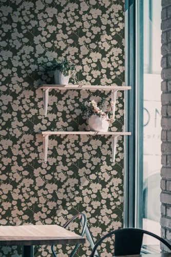 Botanical café corner featuring dark green floral peel and stick wallpaper with ivory cherry blossom-style blooms. The repeating pattern creates a vintage yet modern ambiance, perfect for cozy coffee nooks. Two minimalist wooden wall shelves hold ceramic planters with succulents and flowers. The wallpaper is PVC-free and available in self-adhesive or non-pasted options for easy styling.