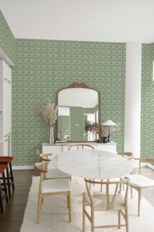 Fancy Walls peel and stick wallpaper in green floral pattern for dining room walls