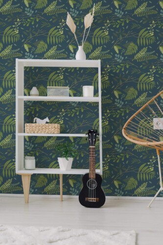 Minimal boho style living room decorated with Green forest peel and stick wallpaper