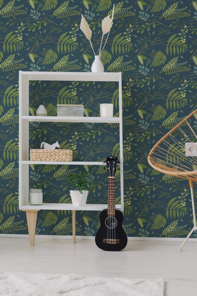 Minimal boho style living room decorated with Green forest peel and stick wallpaper