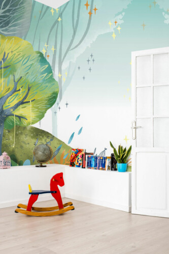 Verdant Tree forest wall mural for kids room and nursery peel and stick or non-pasted. Fancy Walls removable self-adhesive or traditional mural wallpaper with enchanted sunrise forest design