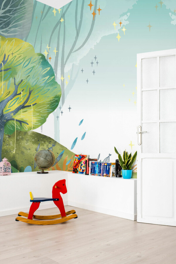 Verdant Tree forest wall mural for kids room and nursery peel and stick or non-pasted. Fancy Walls removable self-adhesive or traditional mural wallpaper with enchanted sunrise forest design