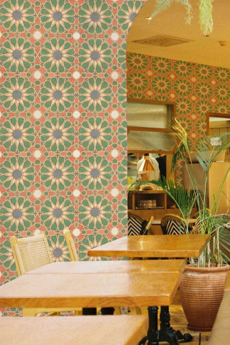 Fancy Walls Green Geometric wallpaper for Restaurant walls in Art deco style self-adhesive wallpaper.