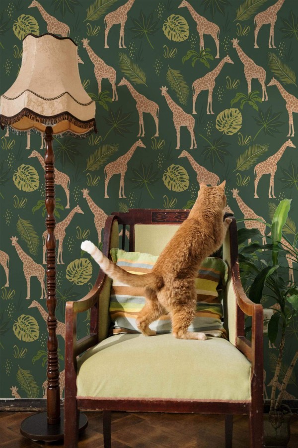 Victorian style living room with a cat decorated with Green giraffe peel and stick wallpaper