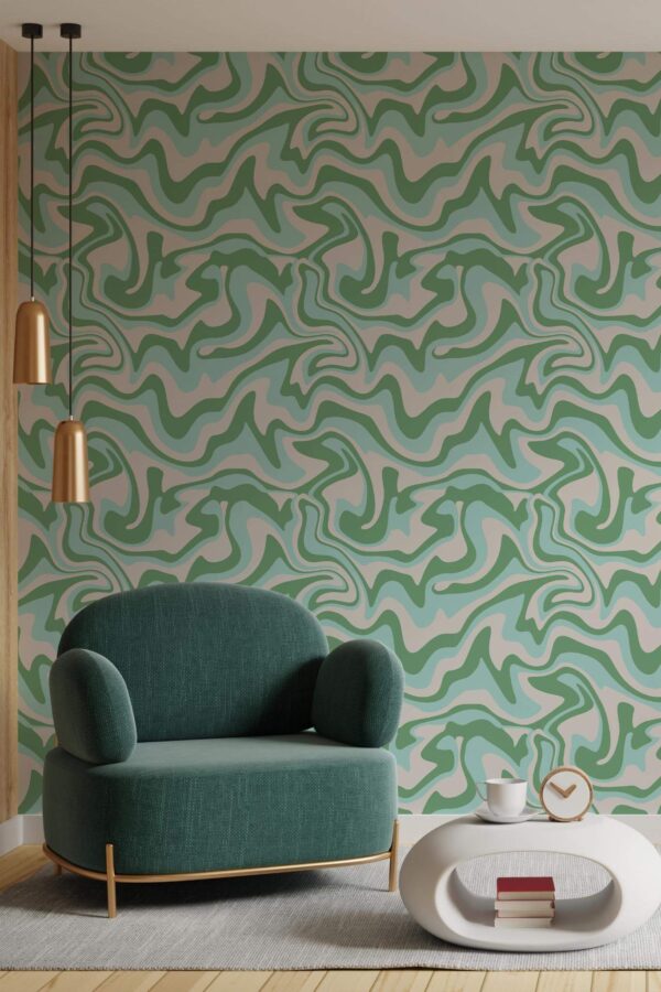 Contemporary style living room decorated with Green groovy peel and stick wallpaper