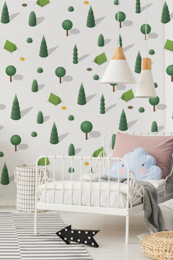 Fancy Walls peel and stick wall murals depicting isometric camp
