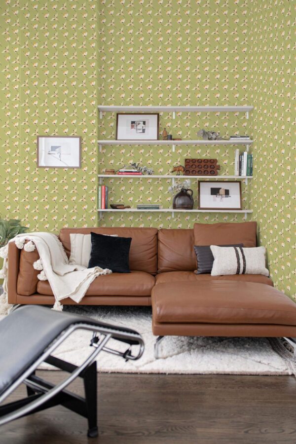 Mid-century modern style dining room decorated with Green Japanese crane bird peel and stick wallpaper