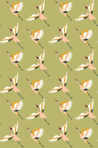 Pattern repeat of Green Japanese crane removable wallpaper design
