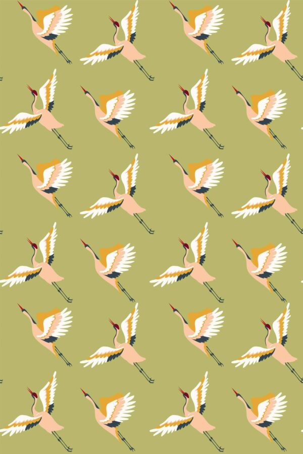 Pattern repeat of Green Japanese crane removable wallpaper design