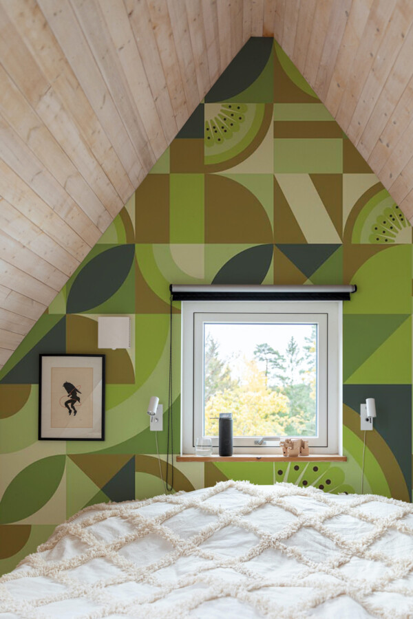 Green Kiwi Retro peel and stick or non-pasted wall mural. Fancy Walls removable self-adhesive or traditional retro geometric eco-friendly and PVC-free kitchen mural wallpaper.