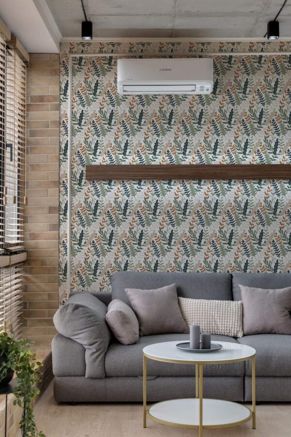 Scandinavian style living room decorated with Green leaf abstract peel and stick wallpaper