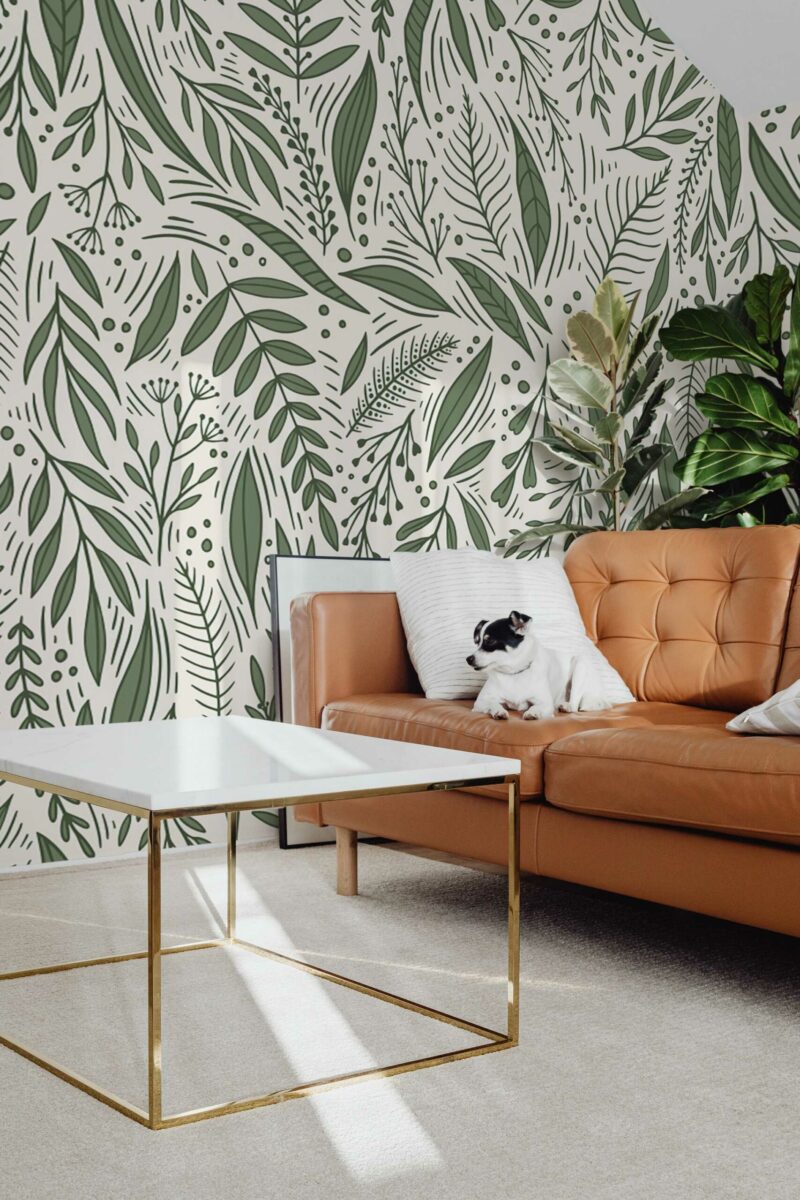 Serene Leaf peel and stick or non-pasted wall mural. Removable self-adhesive or traditional botanical leaf design for green and white accent wall mural.