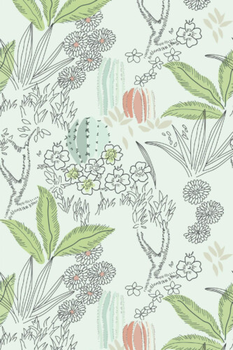 Pattern repeat of Green line art cactus removable wallpaper design