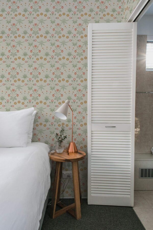 Minimalist style bedroom decorated with Green meadow peel and stick wallpaper