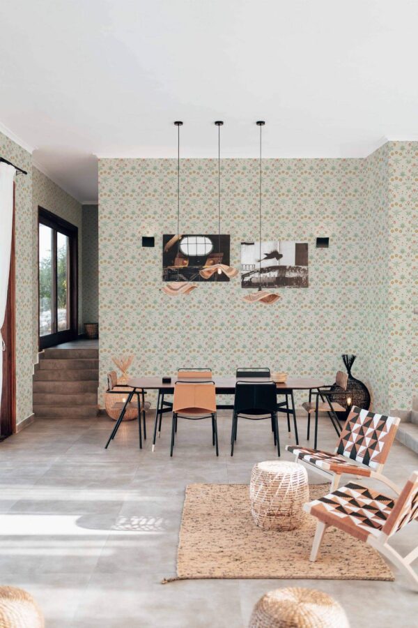 Modern boho style living dining room decorated with Green meadow peel and stick wallpaper
