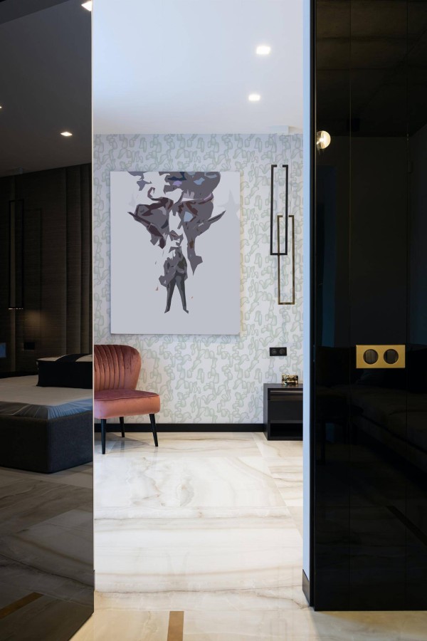 Art deco style bedroom decorated with Green modern shapes peel and stick wallpaper