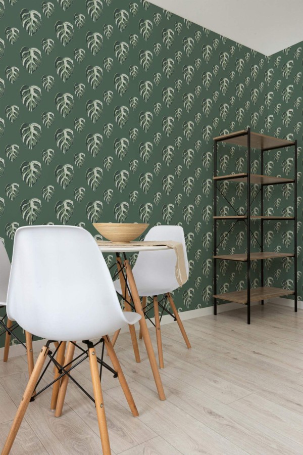 Minimalist style dining room decorated with Green monstera peel and stick wallpaper