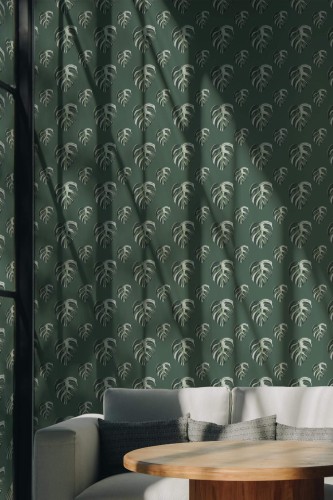 Scandinavian style living room decorated with Green monstera peel and stick wallpaper