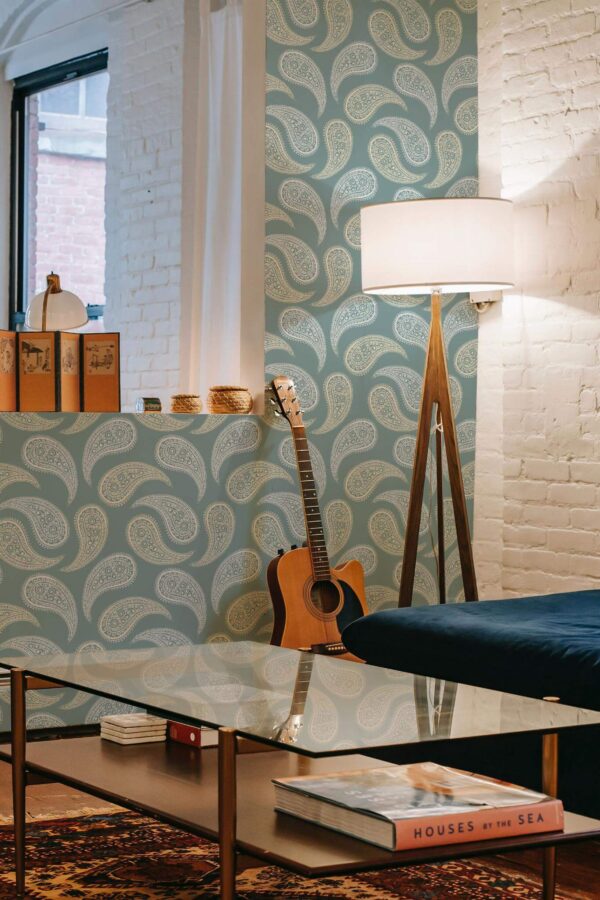 Eclectic style music room decorated with Green paisley peel and stick wallpaper