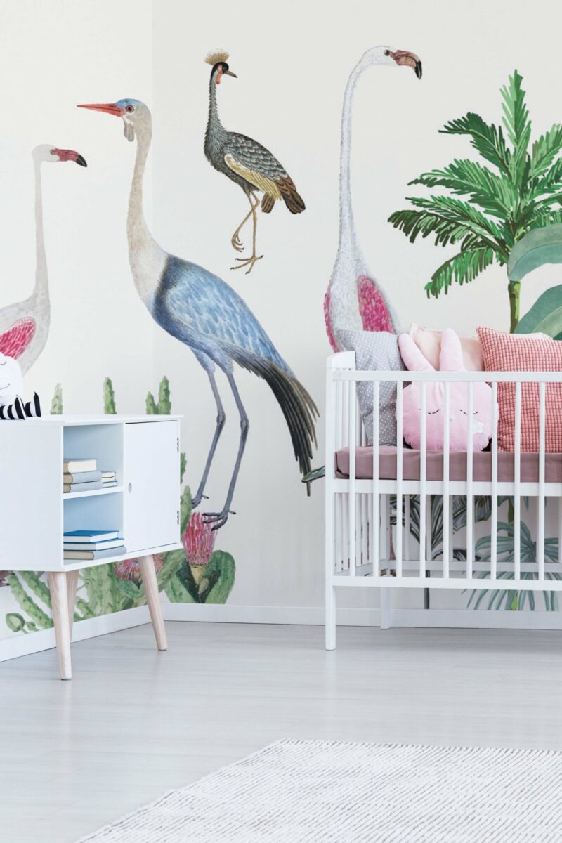 Fauna peel and stick or non-pasted wall mural. Fancy Walls removable self-adhesive or traditional colorful birds and plants eco-friendly and PVC-free kids room mural wallpaper.