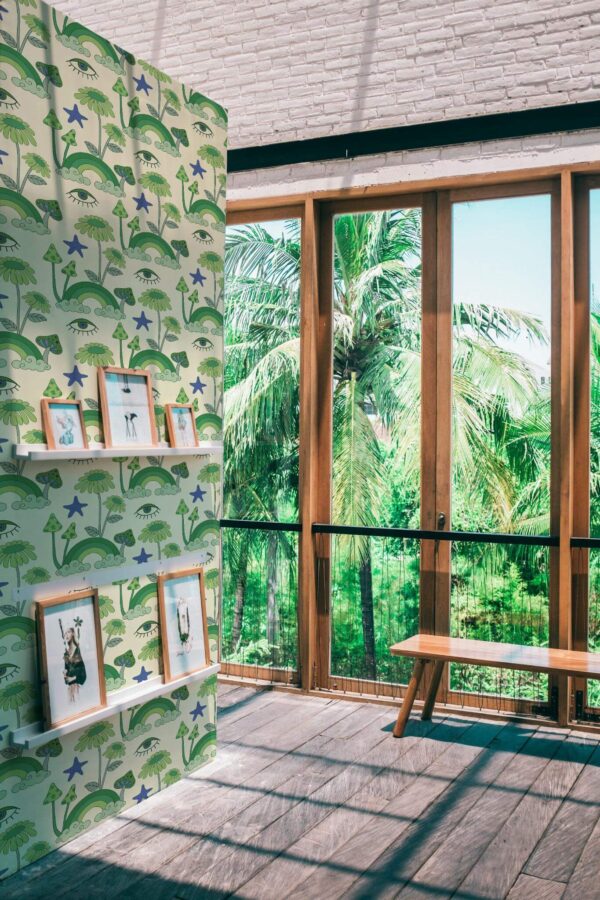Coastal style living room decorated with Green psychedelic peel and stick wallpaper