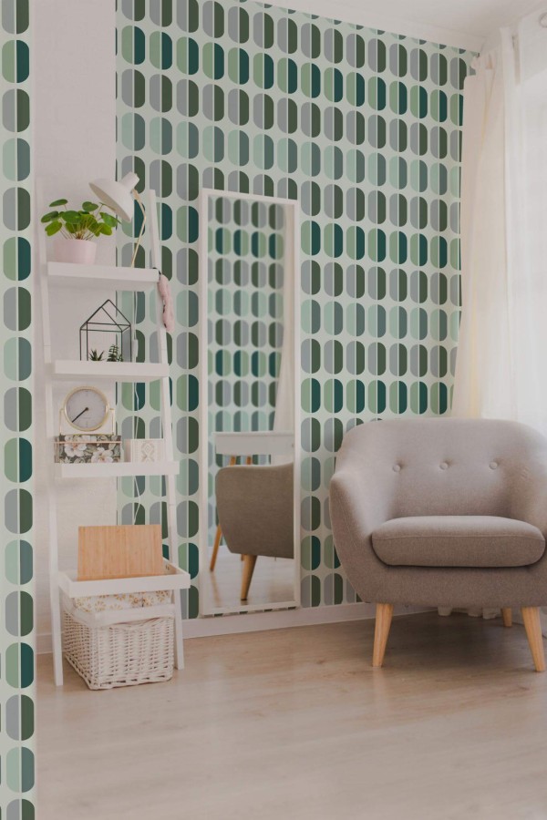 Light boho style living room decorated with Green retro peel and stick wallpaper