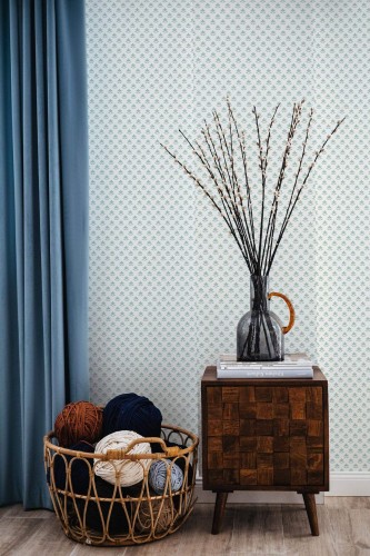 Coastal style living room decorated with Green small leaf peel and stick wallpaper