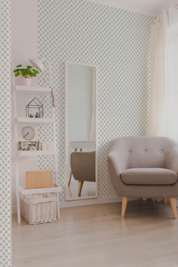 Light boho style living room decorated with Green small leaf peel and stick wallpaper