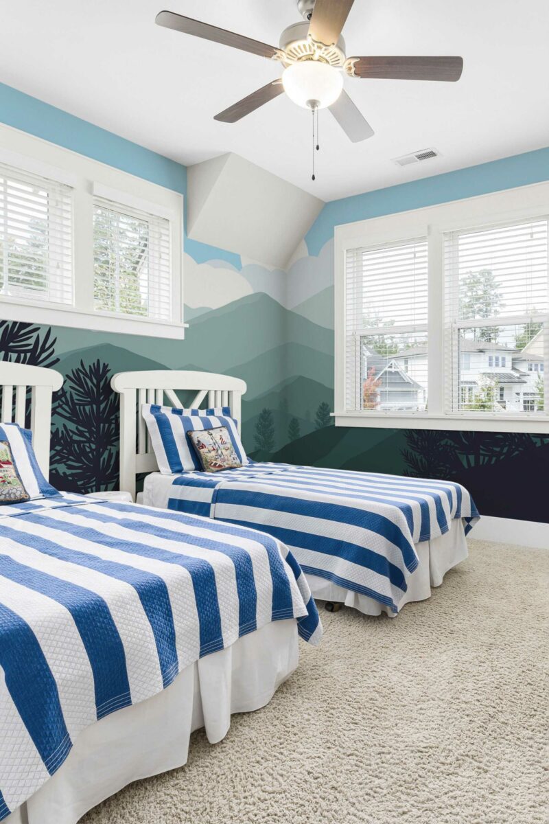 Radiant Sunny Mountain peel and stick or non-pasted wall mural. Fancy Walls removable self-adhesive or traditional landscape mountain eco-friendly and PVC-free kids room wall mural.