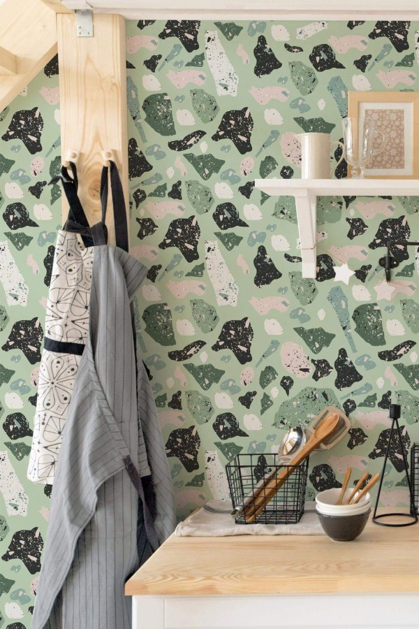 Minimal scandinavian style kitchen decorated with Green terrazzo peel and stick wallpaper