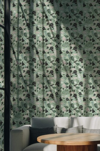 Scandinavian style living room decorated with Green terrazzo peel and stick wallpaper